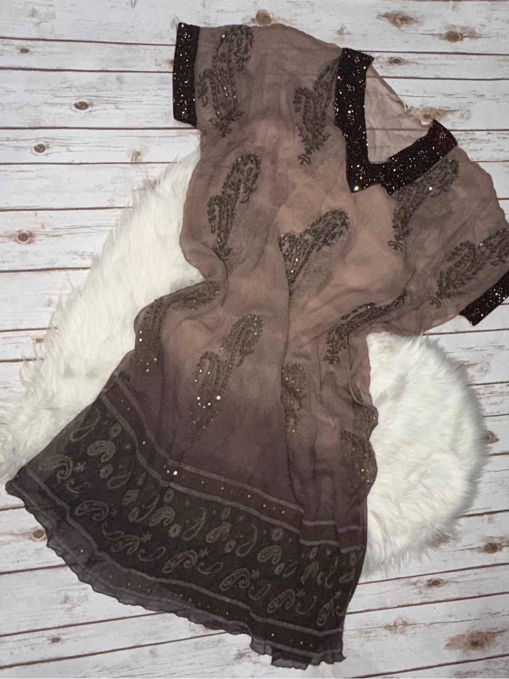 Soft Surroundings Mauve and Gold Beaded Paisley Tunic/Beach Cover Up Sm/Med